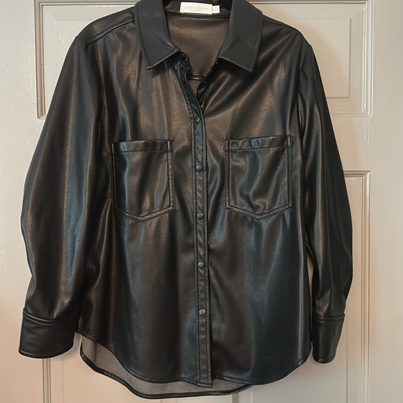 Jonathan Simkhai Standard Vegan Leather Pleated Sleeve Shirt in Black - Picture 3 of 4
